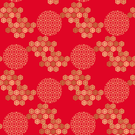 Beautiful japanese seamless  pattern with  circle, waves and flowers.Red and gold.  Vector unique seamless asian texture.For printing on packaging, textiles, paper,book covers, manufacturing, wallpapers,bags, scrapbooking.のイラスト素材
