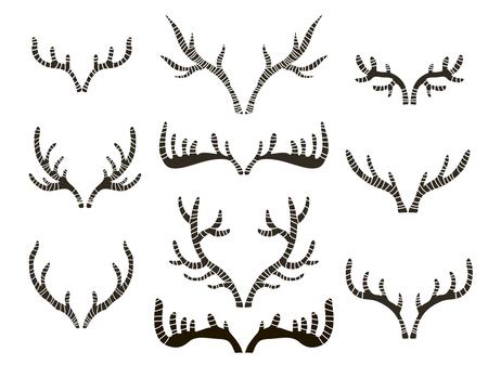 Big set of contours horns, antlers. Icon collection black silhouettes of hunting trophies.  Vector illustration.のイラスト素材