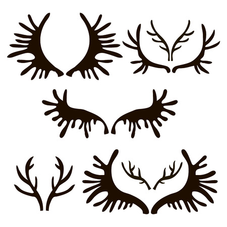 Big set of contours horns, antlers. Icon collection black silhouettes of hunting trophies.  Vector illustration.のイラスト素材