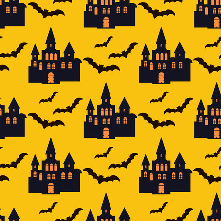 A Background holiday design.Halloween design.Template seamless pattern Halloween. Halloween haunted castle, trees, bats, and a full moon. Vector illustration.のイラスト素材