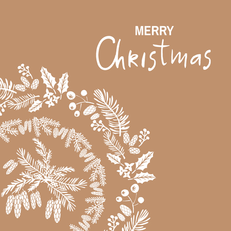 Hand drawn Christmas card with leaves and flowers. Merry Christmas Holiday background. Unique hand drawn design. Vector illustration.のイラスト素材