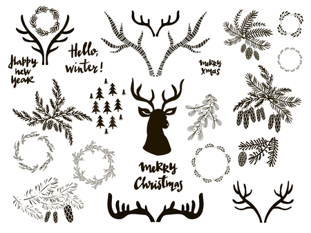 Big set of doodle christmas elements. Isolated Vector illustration.のイラスト素材