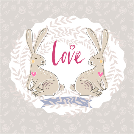 Hand drawn card template with flowers and leaves.Vector illustration. For invitations, postcards, packaging,banner. Cute childish card in vector.Text-Love.のイラスト素材