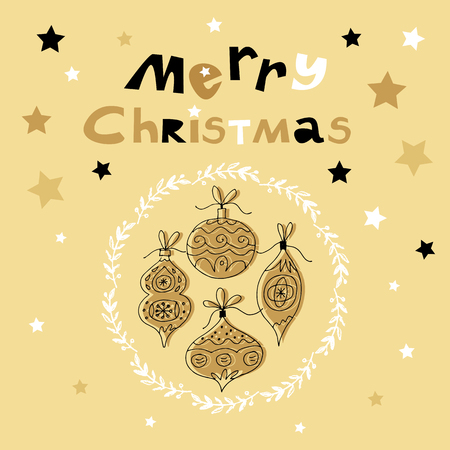 Template  Christmas  card with snowflakes. Holiday christmas  background.Unique  winter design. Black and gold  elements. Vector illustration.Hand drawn lettering.のイラスト素材