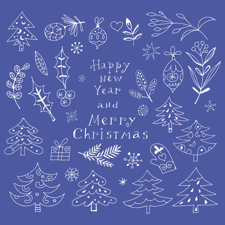 Vector set with hand drawn Christmas elements.Isolated. For Merry Christmas and Happy Hew Year.Fir, larch, pine, spruce. Sketch.Vector illustration.のイラスト素材