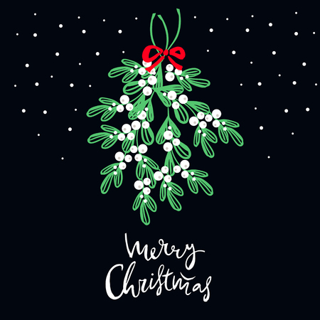  Christmas hand lettering . Mistletoe wreath and handwritten lettering.  Text - Merry Christmas.Holiday background.Unique hand drawn design.Vector illustration.のイラスト素材