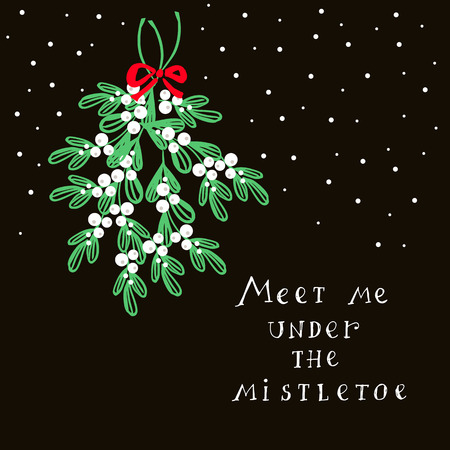 Meet me under the mistletoe. Christmas hand lettering . Mistletoe wreath and handwritten lettering.  Text - Merry Christmas.Holiday background.Unique hand drawn design.Vector illustration.のイラスト素材