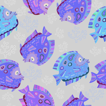 Funny seamless pattern with cute fishs.Print on  wallpaper, paper, packaging, textiles.Vector.のイラスト素材
