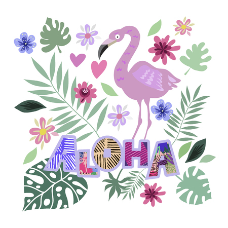 Beautiful big  set with tropical palm leaves, exotic  flowers. Cute  vector elements in flat cartoon style. For your design, posters, textile, wedding invitation, business products.  Vector illustration.  のイラスト素材