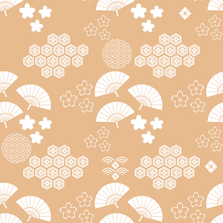 Beautiful japanese seamless  pattern with clouds, fans, waves and flowers. Vector unique seamless asian texture.For printing on packaging, textiles, paper,manufacturing, wallpapers,bags, scrapbooking.のイラスト素材