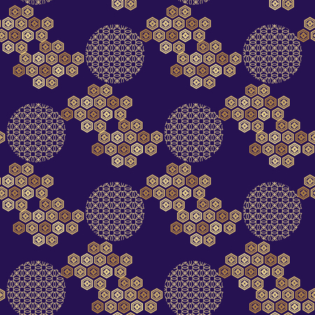 Beautiful japanese seamless  pattern with clouds, waves and flowers.Blue and gold.  Vector unique...
