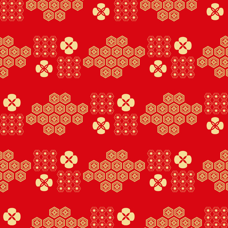 Beautiful japanese seamless  pattern with flowers. Red and gold.Vector unique seamless asian texture.For printing on packaging, textiles, paper,book covers, manufacturing, wallpapers,bags, scrapbooking.のイラスト素材