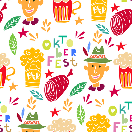 Funny seamless pattern .Oktoberfest beer festival. Template textile,paper,wallpaper,banner, poster.  Vector illustration.のイラスト素材