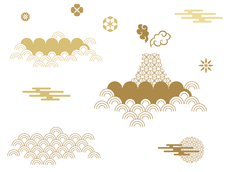 Beautiful japanese seamless pattern with golden clouds,  waves and flowers. Vector unique seamless asian texture. For printing on packaging, textiles, paper,book covers, manufacturing, wallpapers,bags, scrapbooking.のイラスト素材
