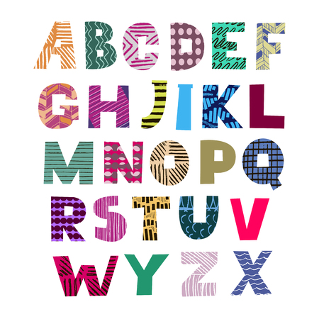 Vector funny cartoon alphabet for children.Isolated.Cute English alphabet. Kids style. Vector  ilustration.のイラスト素材
