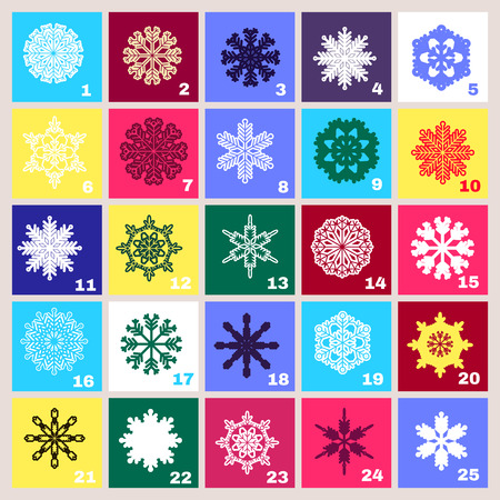 Christmas Advent Calendar with  snowflakes, stars  and gift. Template poster, banner. Vector  illustration.のイラスト素材