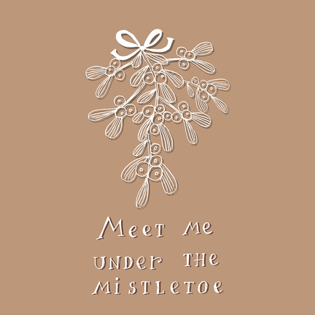 Meet me under the mistletoe. Christmas hand lettering . Mistletoe wreath and handwritten lettering.  Text - Merry Christmas.Holiday background.Unique hand drawn design.Vector illustration.のイラスト素材
