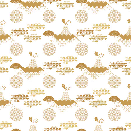 Beautiful japanese seamless  pattern with asian elements and flowers. Vector unique seamless asian texture.For printing on packaging, textiles, paper,  manufacturing, wallpapers,bags, scrapbooking.のイラスト素材