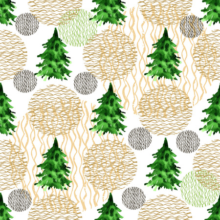 Watercolor seamless pattern with Christmas trees.Doodle winter forest. Unique art watercolor texture. Hand drawn set watercolor with fir, blue spruse, juniper, pine.の写真素材
