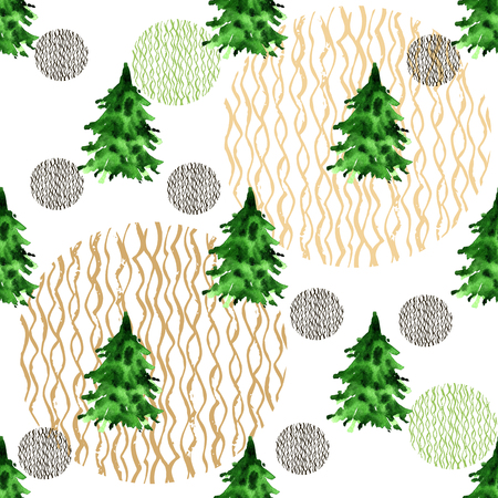 Watercolor seamless pattern with Christmas trees.Doodle winter forest. Unique art watercolor texture. Hand drawn set watercolor with fir, blue spruse, juniper, pine.の写真素材