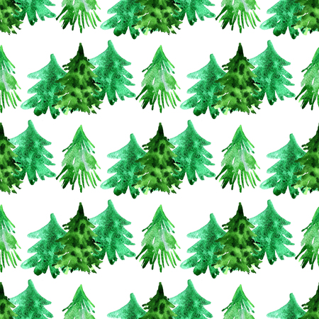 Watercolor seamless pattern with Christmas trees.Doodle winter forest. Unique art watercolor texture. Hand drawn set watercolor with fir, blue spruse, juniper, pine.の写真素材
