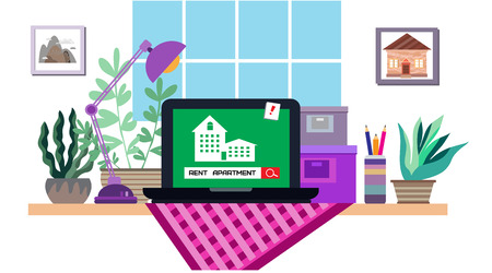 Rent apartment or room. Modern concept for web banner, poster, web sites. Home icon on computer  screen. Work table with computer, working space. Flowers, window,  painting in interior.  Vector illustration in a  cartoon flat style.のイラスト素材
