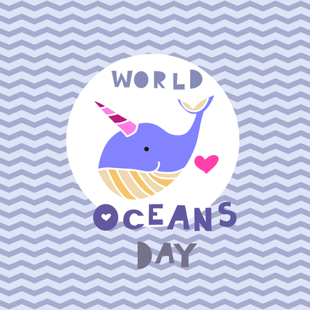 Worl oceans day .  Cute  vector elements in flat cartoon style. For your design, posters, banner, textile, party  invitation, business products.  Vector illustration.  のイラスト素材