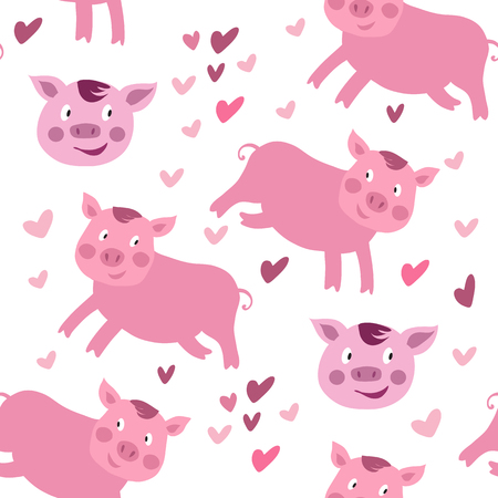 Beautiful seamless pattern with  funny cute pink pigs   in cartoon style. Pig  - symbol 2019 New Year. .For printing on packaging, textiles, paper, fabric, web, manufacturing, wallpapers. Vector illustration.のイラスト素材