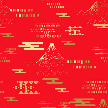 Beautiful japanese seamless  pattern with clouds, mountain, waves. Japanese, chinese elements. Vector seamless asian texture.For printing on packaging, textiles, paper, fabric, manufacturing, wallpapers, print  and scrapbooking.のイラスト素材