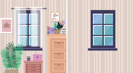 House for rent.  apartment with furniture and unfurnished. Cactus and tropical flowers in flowerpots.  Rent furnished apartment.  Painting, window and box. Cartoon flat style. Vector Illustrationのイラスト素材
