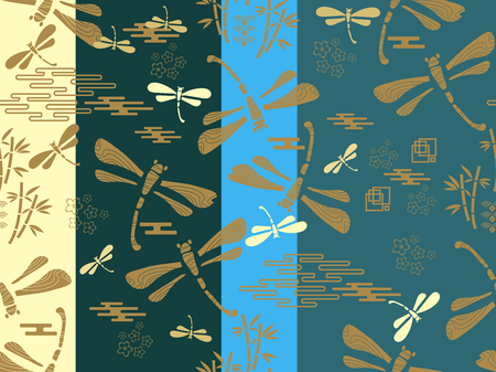 Beautiful japanese seamless  pattern with dragonfiles. Chinese, japanese elements.Vector unique seamless asian texture.For printing on packaging, textiles, paper, manufacturing, wallpapers, web, scrapbooking.のイラスト素材