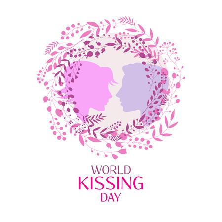 World kiss day. Hand drawn lettering. Flower frame. Template poster, greeting card.Vector  illustrationのイラスト素材