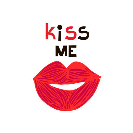 Kiss me. Red lips. World kiss day. Hand drawn lettering. Template poster, greeting card.Vector  illustrationのイラスト素材