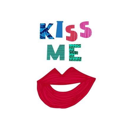 Kiss me. Red lips. World kiss day. Hand drawn lettering. Template poster, greeting card.Vector  illustrationのイラスト素材