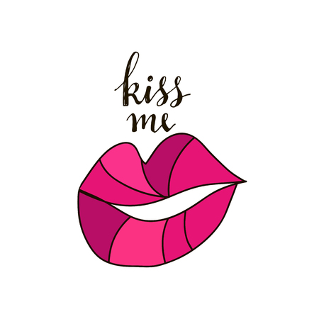 Kiss me. Red lips. World kiss day. Hand drawn lettering. Template poster, greeting card.Vector  illustrationのイラスト素材