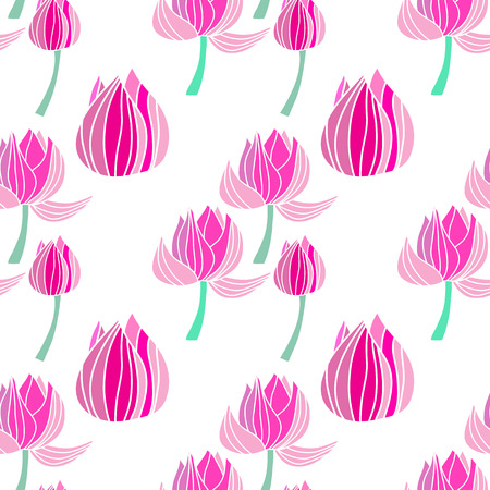 Beautiful seamless pattern with  flowers lotus. Tropical flowers background. Cute vector pink lotus in flat cartoon style. For your design, posters, textile, wedding invitation.  Vector illustration.のイラスト素材