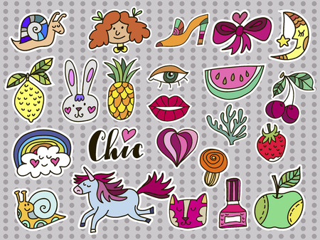 Set of summer  patches, icons, stickers and design elements  in cartoon style.  Rainbow, moon, watermelon, unicorn, bunny, pineapple, apple.Vector illustration.のイラスト素材