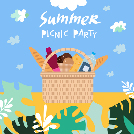 Summer picnic concept  for web banners, web sites, menu, infographics. Wicker picnic basket  with food. Vector illustration in csartoon style.のイラスト素材