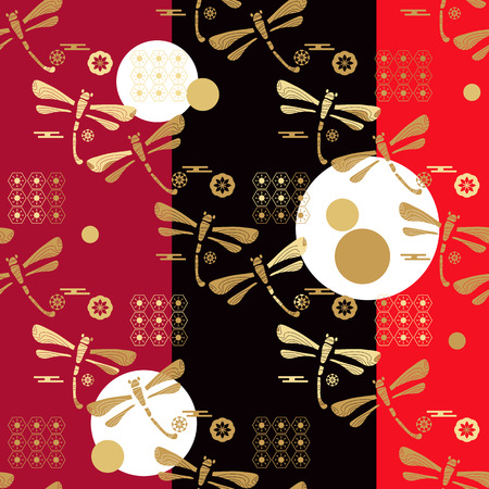 Beautiful japanese seamless  pattern with dragonfiles. Chinese, japanese elements.Vector unique seamless asian texture.For printing on packaging, textiles, manufacturing, wallpapers, scrapbooking.のイラスト素材