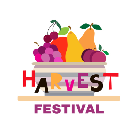 Harvest festival- template banner, poster. Plum, apple, pear, peach, apricot, lemon.  Doodle fruits  in cartoon style.  Vector illustration.のイラスト素材