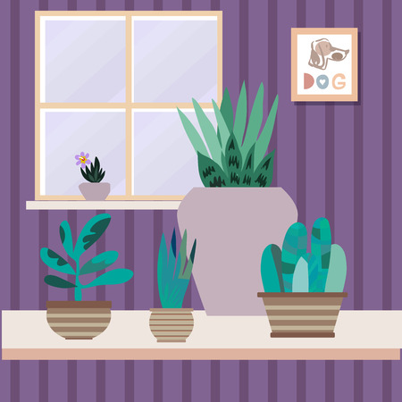 Interior with flowers. Cactus and tropical flowers in flowerpots. Home modern apartment design . Painting, window and box. Cartoon flat style. Vector Illustrationのイラスト素材