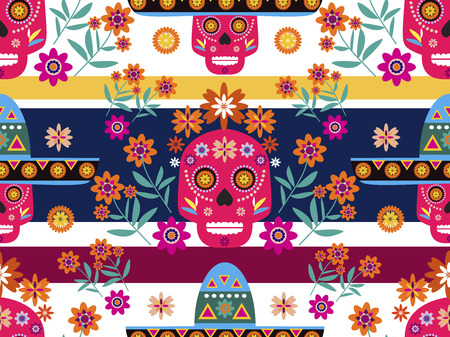 Mexican seamless pattern,sugar skulls and colorful flowers. Template  for mexican celebration, traditional mexico skeleton decoration. Dia de Los Muertos, Day of the Dead .Vector illustration.のイラスト素材