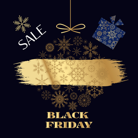 Black friday. Sale. Snowflakes, stars and gift boxes.  Golden  and black. Template banner, poster. Vector illustration.のイラスト素材