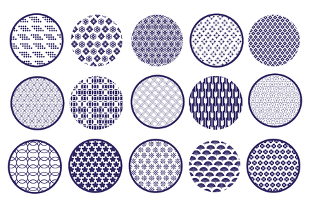 Big set  asian vector icon in oriental flat  style. Japanese, chinese  round elements. Cloud, wave, mandala, flower,   moon, sakura, and  circle. Vector illustration.のイラスト素材