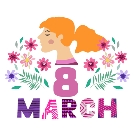 Happy 8 March. Beautiful greeting card with girl. Festive art  background.Perfect design element for poster, banner, greeting card, invitation. Vector illustration.のイラスト素材
