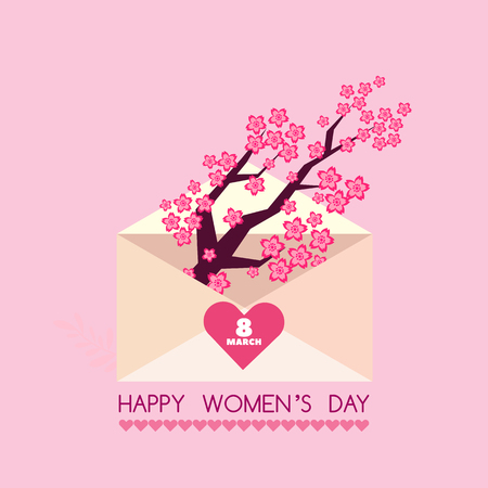 Happy 8 March, International Women's day. Holiday  letter concept. Big envelope with red heart and spring flowers, leaves.  Cute romantic background, banner design in flat cartoon style. Vector.のイラスト素材
