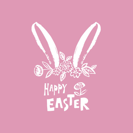 Happy easter nand drawn lettering. Greeting card text templates with Easter bunny. Vector illustration.のイラスト素材
