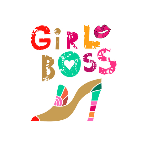 Girl  Boss.  lettering in cartoon style. Woman motivational slogan. Women empowerment movement pattern. Inscription for t shirts, posters, cards. Vector illustration.のイラスト素材