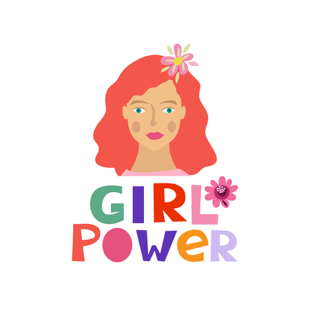Girl power  lettering in cartoon style. Woman motivational slogan. Women empowerment movement pattern. Inscription for t shirts, posters, cards. Vector illustration.のイラスト素材