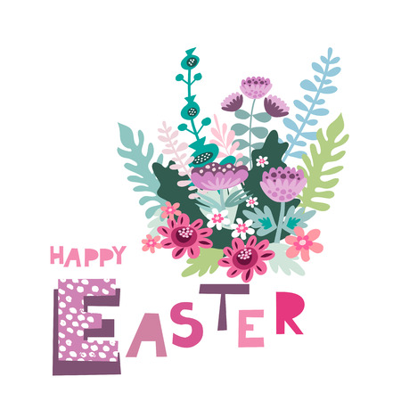 Happy Easter. Holiday  letter concept with , spring flowers, leaves. Cute spring background, banner design in flat cartoon style. Vector.のイラスト素材